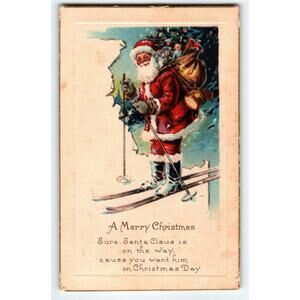Santa Claus On Skiing Merry Christmas Postcard Vintage Greetings Ski Poles A Inc